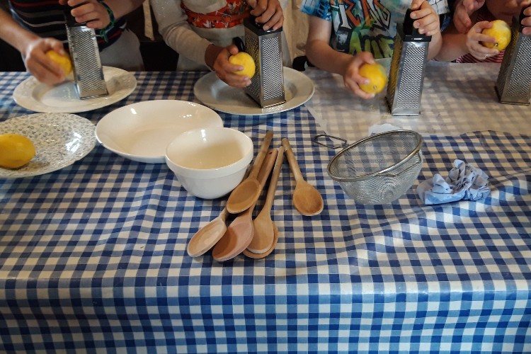 Image of childrens hands, grating lemons on to plates.