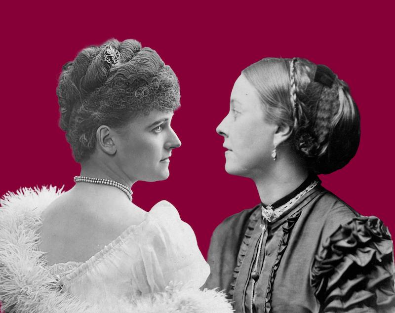 Image of two historical countesses on a maroon background
