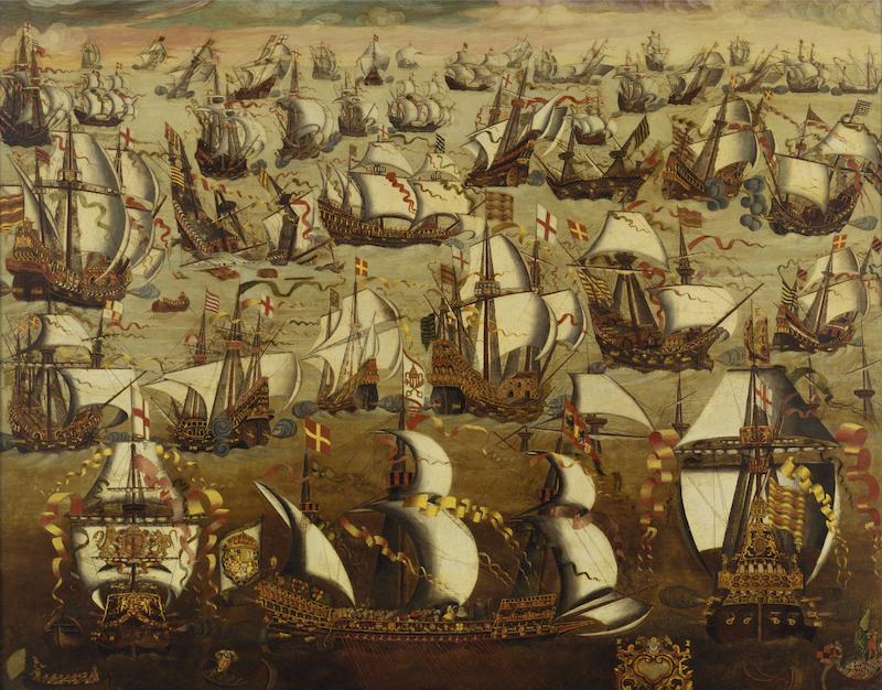 A painting of English ships and the Spanish Armada