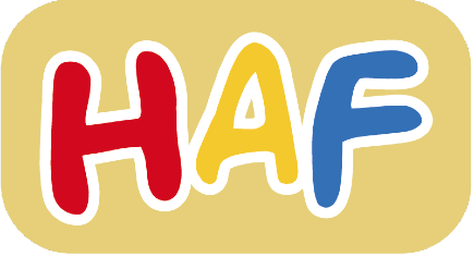 Logo of the HAF programme consisting of the letters H, A, and F in different colours against a yellow background