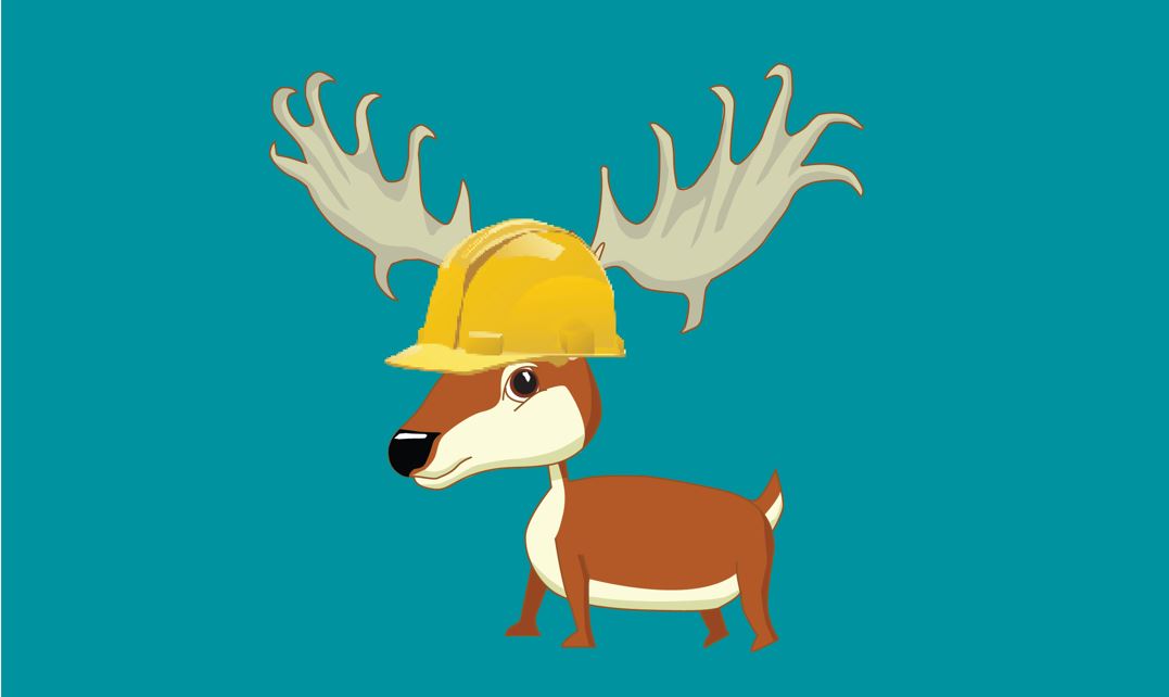 A drawing of a reindeer with a construction hard hat