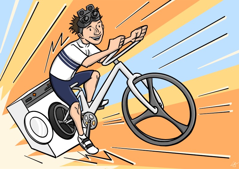 illustration of young boy on a bike going very fast.