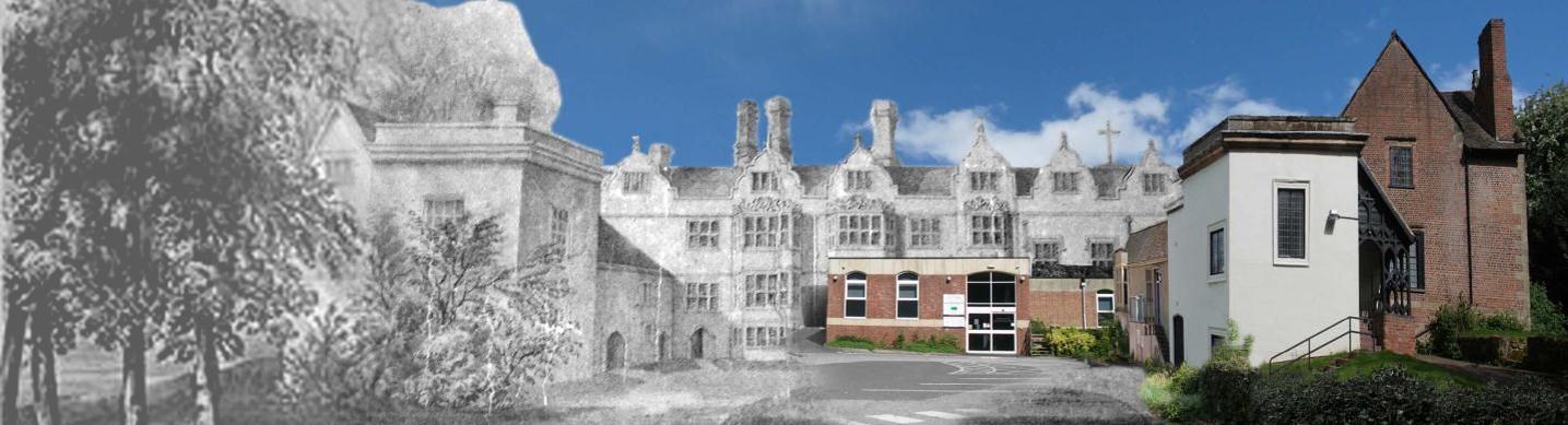 An image showing a black and white older picture of Warwickshire Priory that morphs into modern day
