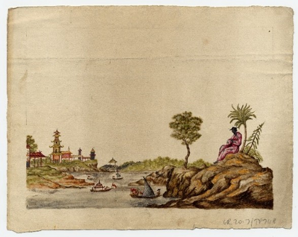 An illustration from the 1700s showing the architecture of buildings in china and some sailing vessels.